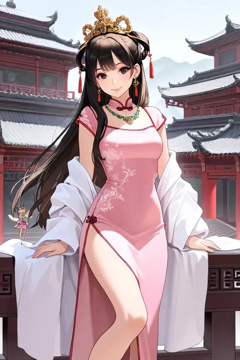 Highest quality, masterpiece, High Resolution, 1 girl, ancient Chinese pink  dress,  beautiful face, Ancient Chinese Clothing, Bowknot without original image, elegant, Noble,  crown,  thin legs, Fairy,  hair accessories, Alone, viewers, smile, shut up, lip...