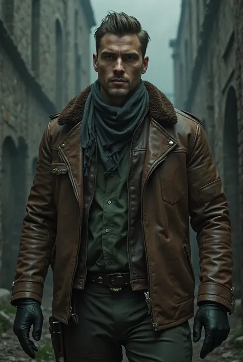 30 years old, male , slicked back undercut hairstyle , look similar Armie Hammer, muscular,wearing brown fur collar leather jacket green tactical shirt, tactical scarf, tactical gloves ,ruined castle inspired from resident evil 4 in atmosphere of silent hi...