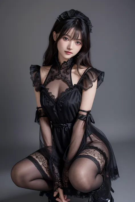  Japanese model posing wearing black sheer dress and boots、semi-long black hair、lace maid dress ,   black lace gloves ,  black and fluffy clothes, maid clothes,  beautiful black dress  ,  MAID DRESS,   elegant and charming cosplay  ,  wearing a dress looki...