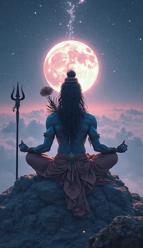 A powerful digital artwork of Lord Shiva in meditation, sitting on Kailash Parvat with a glowing aura. The background can have a cosmic touch with stars and a full moon, symbolizing divinity. His Trishul and Damru should be highlighted, and the mantra "ॐ न...