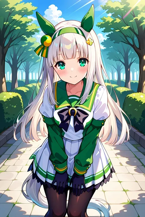  best quality 、masterpiece、 1 girl、 Silence Suzuka、 Uma Musume、smile、 long hair、 animal ears 、 ear covers、 white hair band、(( tea hair))、 horse tail、 green sailor color 、 black ribbon、 white shirt、 layered sleeve 、Green Sleeves、オレンジの髪、 black gloves、 white ...