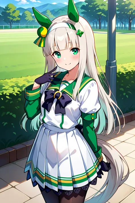  best quality 、masterpiece、 1 girl、 Silence Suzuka、 Uma Musume、smile、 long hair、 animal ears 、 ear covers、 white hair band、(( tea hair))、 horse tail、 green sailor color 、 black ribbon、 white shirt、 layered sleeve 、Green Sleeves、オレンジの髪、 black gloves、 white ...