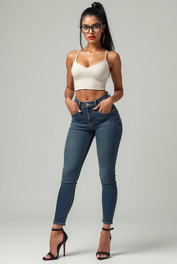 A realistic Brazilian woman standing looking forward
Square style clear grade eyeglasses , Hair tied ponytail style on the side, Lipstick makeup weighing more or less 70 kilos
Morena, style clear eyeglasses wearing jeans and a short blouse without a low-cu...