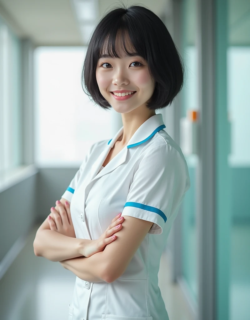 Japanese Female, short hair,  Nurse, full body, smile, realistic