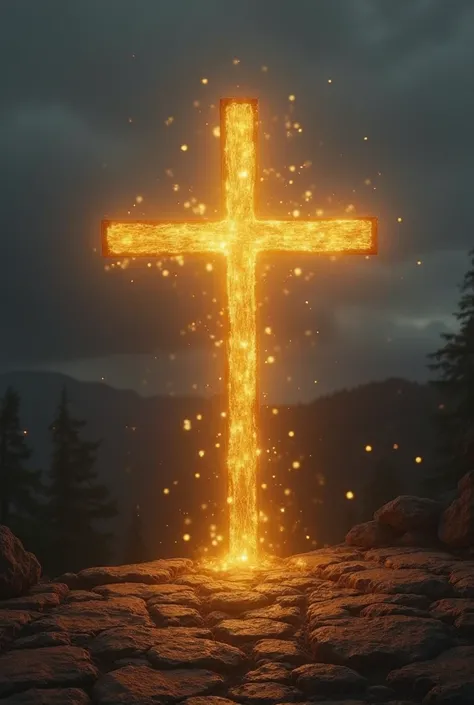 A bright ancient wooden cross, illuminated by an intense golden light, floating in the midst of darkness. around,  The landscape is dark , with dense fog and silhouettes of distant mountains. Small particles of light float in the air, giving a mystical tou...