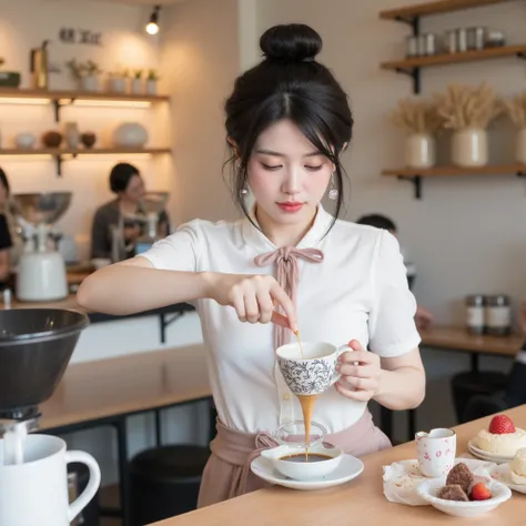 16k clear photo quality, High profile, full gloss, Asian  girl with cute, bright appearance, fine white skin. The waist-length model wears a short-sleeved shallow-neck shirt matched with a warm tassel in a tight fit, giving a chic barista look that is both...