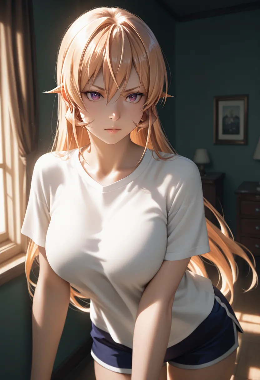 masterpiece, best quality, vibrant, very aesthetic, high contrast, photorealistic portrait, newest, 1girl,Shokugeki no somasource_Shokugeki no soma,nakiri erina,shirt,shorts,room,realistic lighting,dramatic shadows,cinematic composition,
