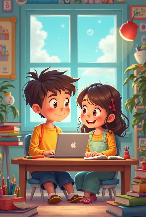 A boy and a girl are sitting in front of a computer at a desk, with vibrant colors and a fun learning environment.