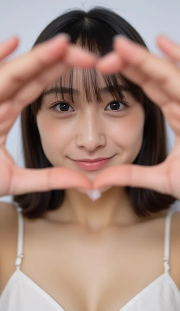 She wears a camisole, makes a heart shape with both hands, and poses in front of her chest, Close-up shot of winking and smiling