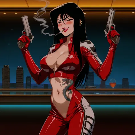 terayama reiko, black hair, long hair, bikesuit, 1girl,  ear piercing, long hair, blush, lipstick,Hot girl, baddie, smoking, sensual, attractive ,bar background, inside bar,indoors, cityscape, casino, nightclub, city lights,  
cinematic lighting, masterpie...