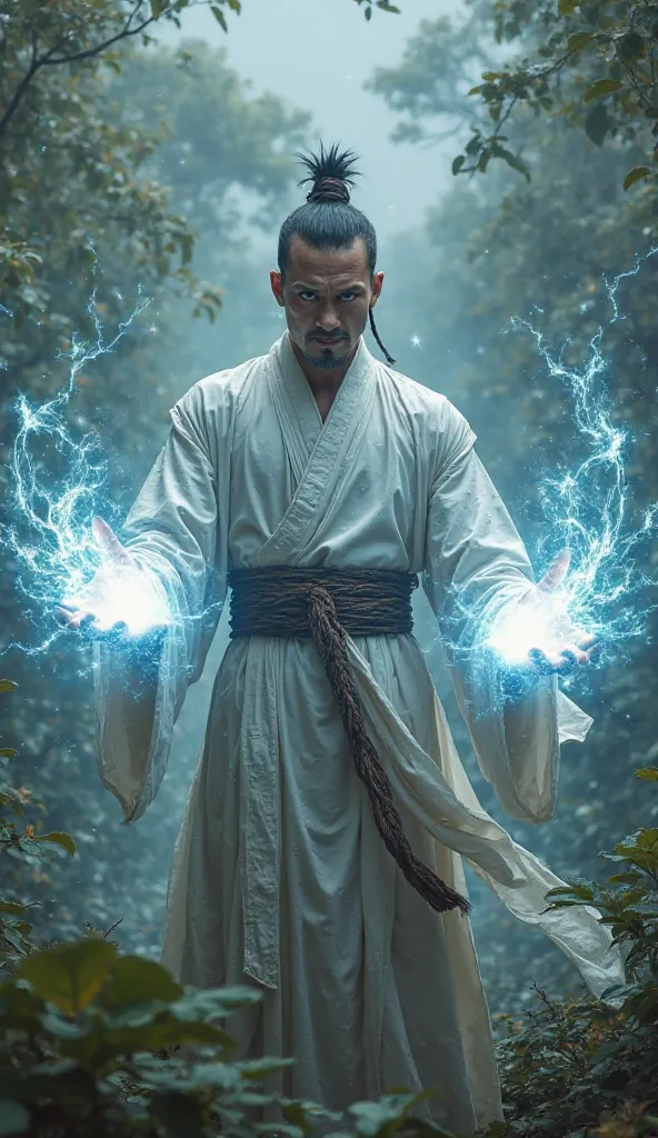 Mortal Kombat styled man with challenging posture wearing a douli,white monk clothes on a cloudy day,  The jungle hands with white and light blue rays coming out of their fingers and bright white eyes