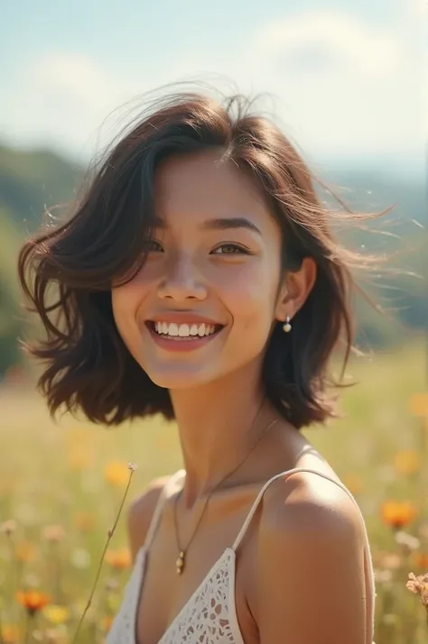 Black-haired woman with short hair smiling happily while the wind blows