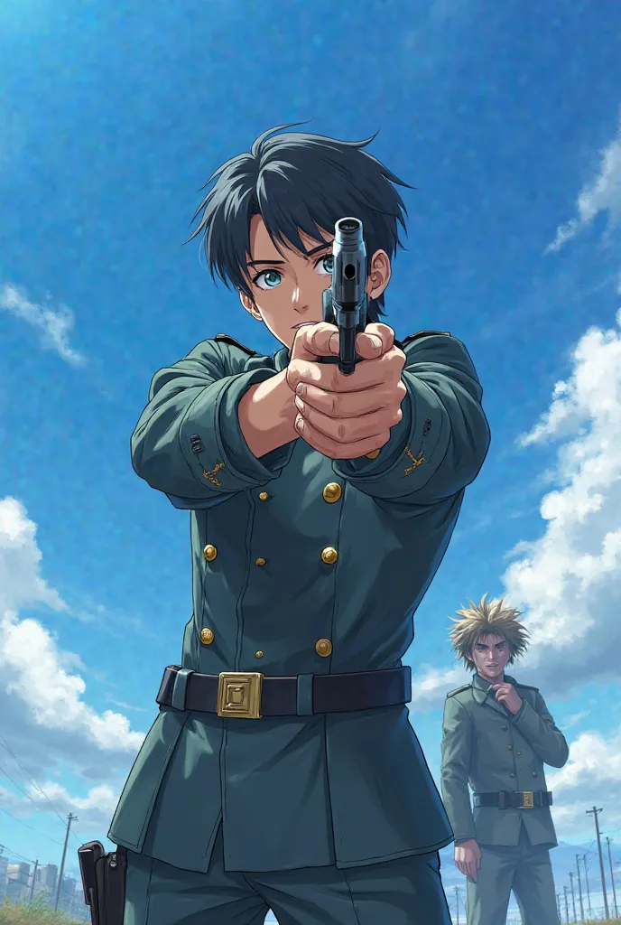  Anime style. anime guy 25 years old with black hair. It's against the blue sky. The guy is wearing a military uniform and holding a weapon in his hand. He's aiming. A guy with a crazy smile