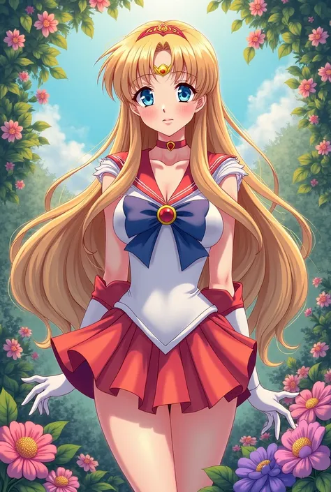  Make me sailor venus Long hair, blond hair, big boobs, blue eyes, hair band,  illustration,  garden background 