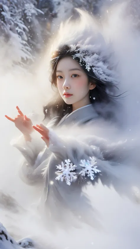 The face of the little Chinese princess, Who is , appear in the air，Winter Landscape，Surreal wonderland，dreamy Yunxia Fairy Island ，(Big snowflake  :1.3)，五颜六色的Big snowflake  飞舞着， The tree of life is full of life ，Heavy clouds and fog，