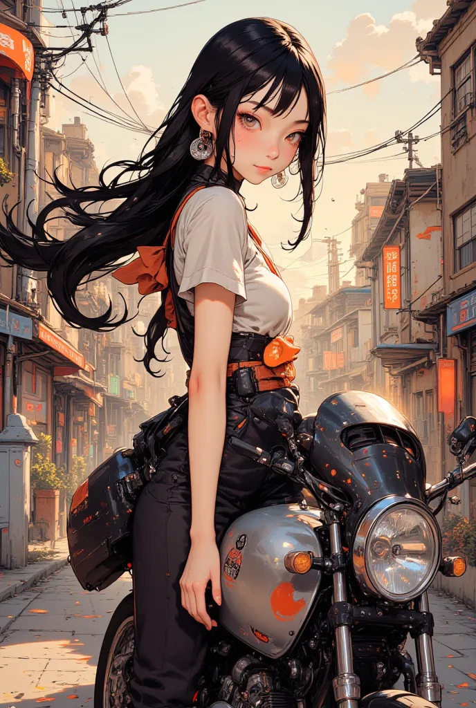 A girl straddling a motorcycle, looking back at me, smiling and waving, Street Corner in a Japanese Suburb, Motorcycle bed light clearly on morning glow, big backpack, Luxurious Fabrics, Details, full color illustrations, Fantastic painting atmosphere, ((a...