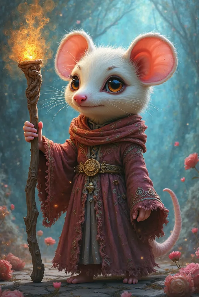 Tender opossum dressed as an animated sorceress