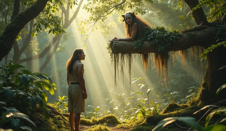 A realistic wide-angle photo of a sunlit jungle under bright daylight, with misty golden beams piercing through dense foliage. In the left foreground, a rugged man in a knee-length linen tunic and practical shorts stands facing right, his wary gaze fixed a...