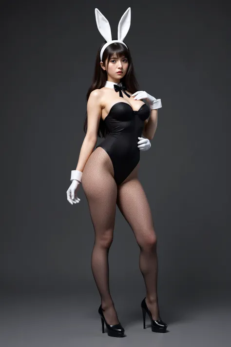 nsfw,8K, RAW photo, (masterpiece, best quality, photorealistic, ultra high resolution, ultra-detailed:1.4), 1girl, beautiful, idol, matchless beauty,  (hyperrealistic, professional photograph:1.4),simple background,(Jed-bny, Black Bodysuit, white Bunny Ear...