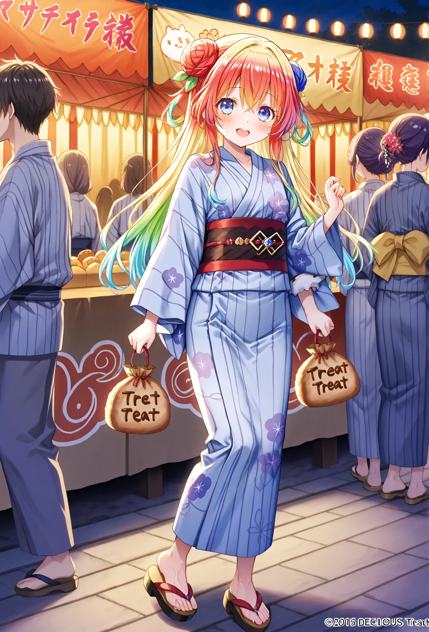    young  , color々 hairstyle,yukata,stall,Sandals,fair,hoidiog food