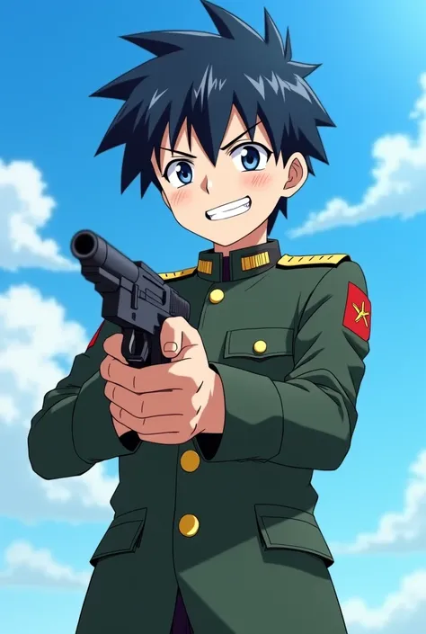  Anime style. anime guy 25 years old with black hair. It's against the blue sky. The guy is wearing a military uniform and holding a weapon in his hand. He's aiming. A guy with a crazy smile, crazy guy 