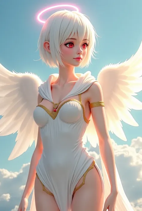 Realistic female angel image with short white hair
Youthful face and delicate features
red eyes with a friendly and trusting tone
With a pink halo over her head
Wear invisible clothing with gold trim and a hood over your shoulders
Sexy female pose on the s...