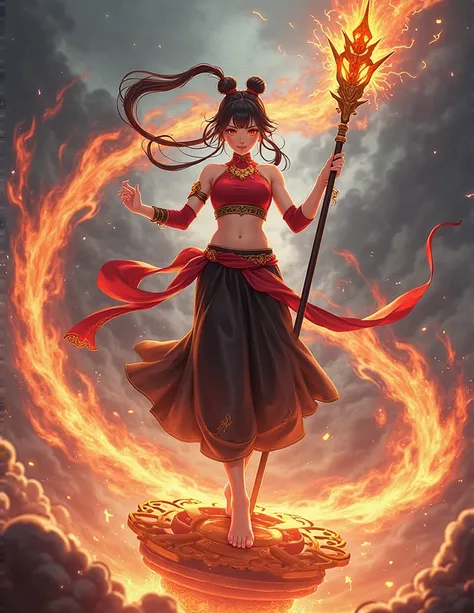 (masterpiece, best quality, ultra-detailed, dynamic composition), Ne Zha standing on spinning Wind Fire Wheels, red crop-top, black harem pants with golden trim, bare feet, jet-black medium-length hair with twin buns, crimson ribbons flowing violently, gol...