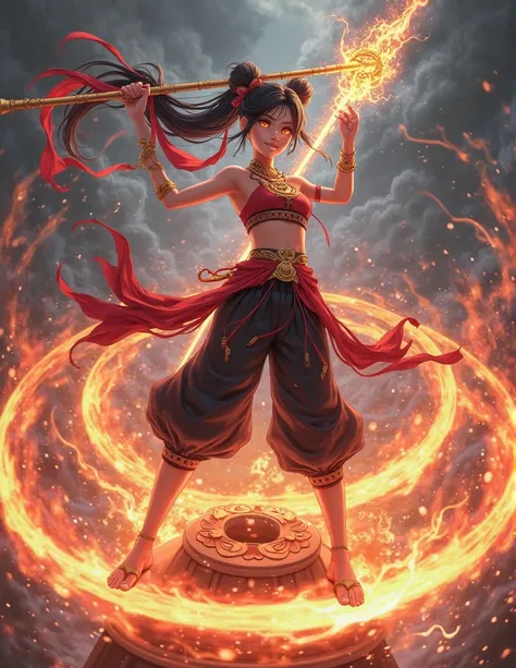 (masterpiece, best quality, ultra-detailed, dynamic composition), Ne Zha standing on spinning Wind Fire Wheels, red crop-top, black harem pants with golden trim, bare feet, jet-black medium-length hair with twin buns, crimson ribbons flowing violently, gol...