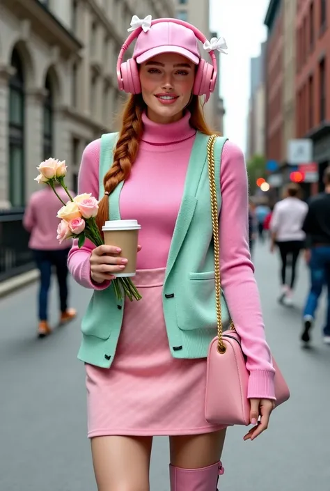  Vogue lifestyle, a woman with long copper hair with an aesthetic look of designer in pastel tones, highlighting the color pink. Wear a pink turtleneck sweater under a knitted vest in mint green tone, combined with a pink short skirt with checkered details...