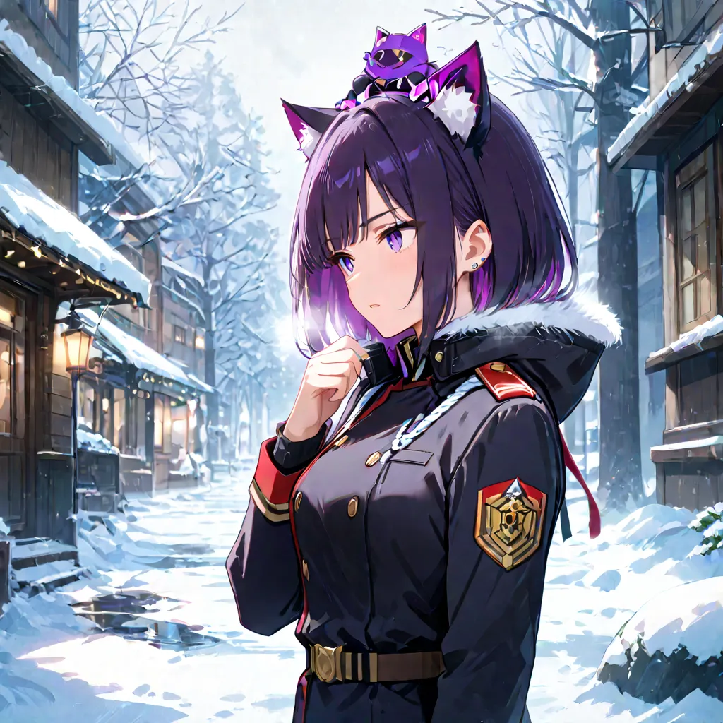 
1 beautiful woman、Purple black hair、bob hair、 purple eyes、Purple-black cat ears、 Cold Weather Military Uniform