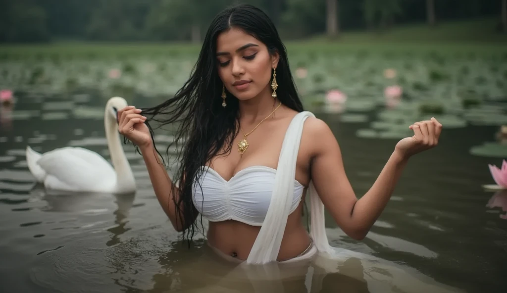 Indian busty woman emerging gracefully from a large beautiful forest pond filled with blooming pink lotus flowers. Few swans are also swimming nearby. Wearing thin and long golden chain on neck, golden ear rings and a nose pin with a gem stone on right sid...