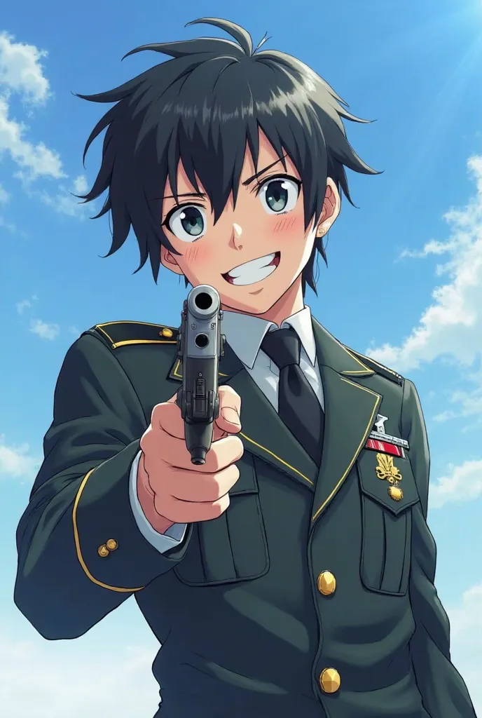  Anime style. anime guy 25 years old with black hair. It's against the blue sky. The guy is wearing a military uniform and holding a weapon in his hand. He's aiming. A guy with a crazy smile, crazy guy 