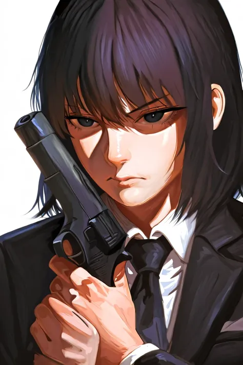  one woman、 black hair、 black eyes、black eyelashes、 Shortcut Hairstyle、I'm wearing a suit、holding a handgun、background that doesn't include feathers is simple white