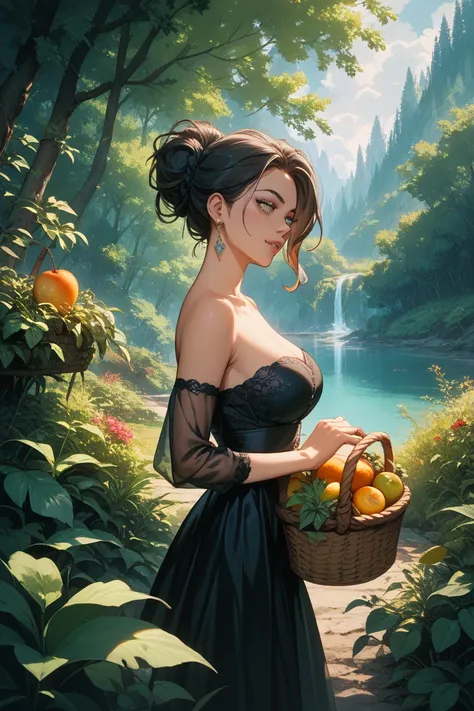 A dark-haired woman dressed in black who has a sense of touch for insects in summer is carrying fruit