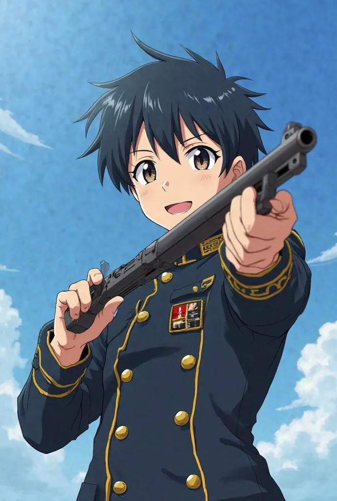  Anime style. anime guy 25 years old with black hair. It's against the blue sky. The guy is wearing a military uniform and holding a weapon in his hand. He's aiming. A guy with a crazy smile, crazy guy 