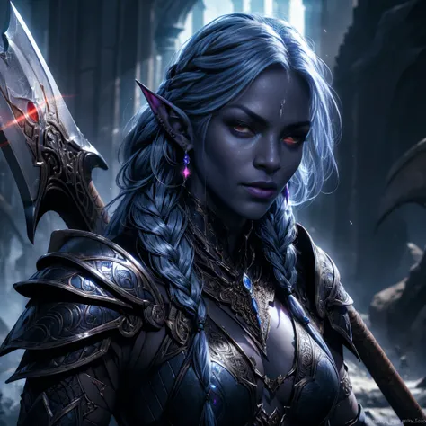 1girl, sexy drow, purple-blue skin, pale silver long elaborate braids, ((red eyes)), jewels, elf ears, earrings, ((black sexy armor)), ((holding axe)), ((cast light magic)), athletic, volumetric lighting, best quality, masterpiece, realistic, anatomically ...