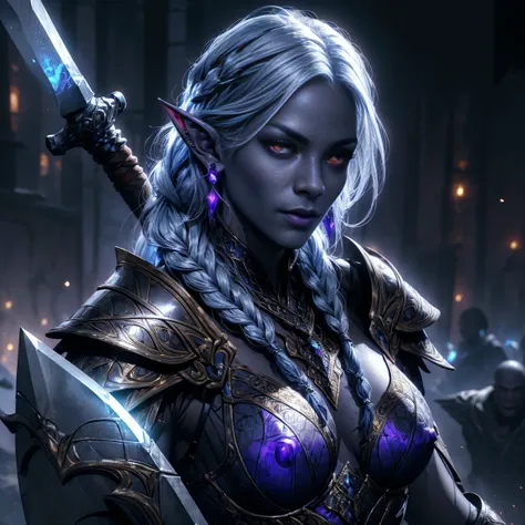 1girl, sexy drow, purple-blue skin, pale silver long elaborate braids, ((red eyes)), jewels, elf ears, earrings, ((black sexy armor)), ((holding axe)), ((cast light magic)), athletic, volumetric lighting, best quality, masterpiece, realistic, anatomically ...