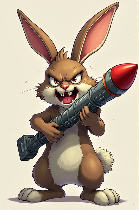 Angry rabbit hold and point rocket launcher at the camera