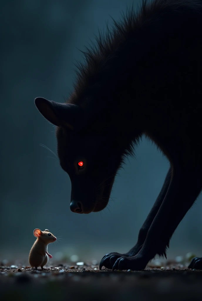 A small mouse stands frozen in place, its eyes wide with fear, while in front of it, a massive black hyena looms. Its red eyes glow in the darkness, and it moves slowly, its claws digging into the ground. The hyena stares at the mouse, savoring the moment ...