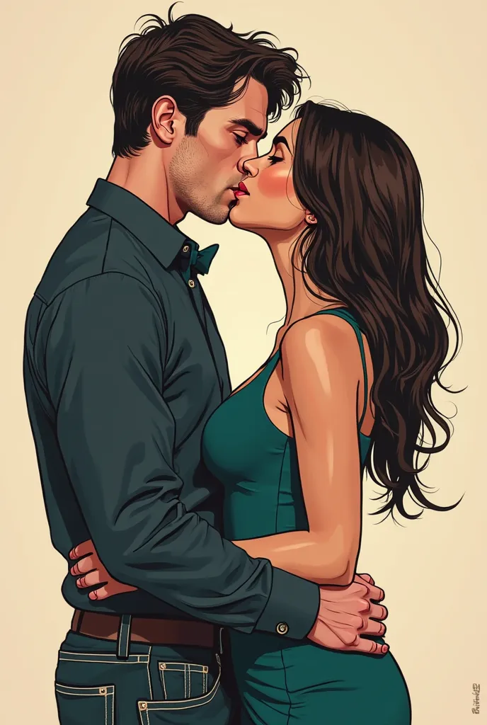  digital illustration, semi-realistic line art, modern comic style of a couple who are kissing passionately Liam is an attractive and manly looking man, with naturally disheveled dark brown hair and intense brown eyes . Dressed in a sober and classic style...