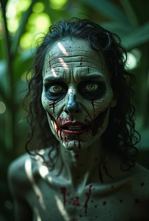 A photo of a (face bathed in patterned light:1.3), (speckled shadows:1.2).ripped skin. Full body . Zombie face, (captivating gaze:1.1). White eyes. Background banana leaf, (contrast of light and texture:1.2). At night. Very horror, artistic interplay. Open...