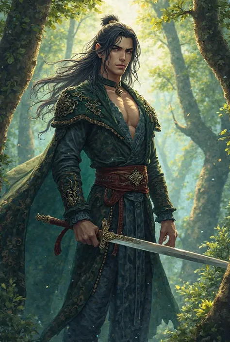 Anime Black hair Prince in a Forest with a Sword Full body