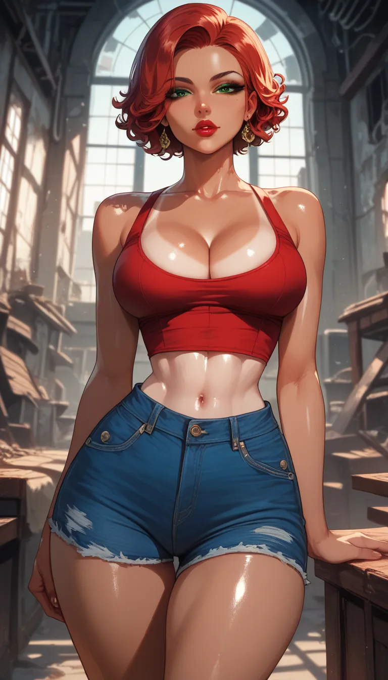 perfect eyes, perfectly sexy face, green eyes, cleavage, thin waist, dark blue denim shorts, shiny skin 、 tanned skin, tanlines, erotic,  Eyeliner, red lips, Looking at the viewer, inside abandoned building