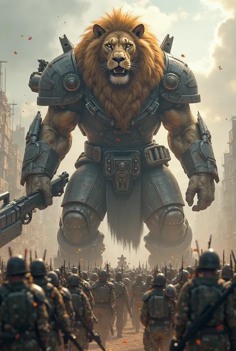 Group of news improvement forces military holding weapons and among them stand a big lion hold weapon and wear like human forces but he has to be big than all of them and seem like amonster