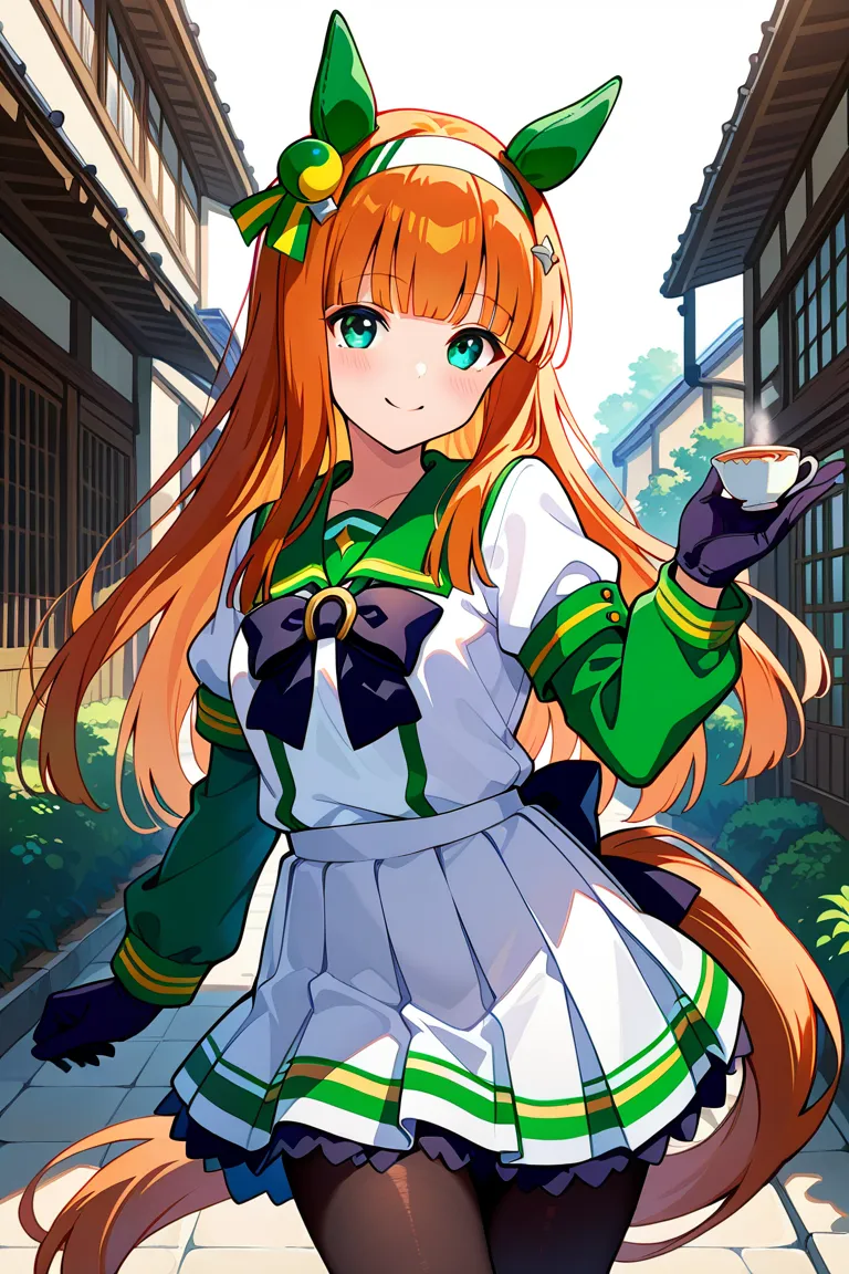  best quality 、masterpiece、 1 girl、 Silence Suzuka、 Uma Musume、smile、 long hair、 animal ears 、 ear covers、 orange hair、 band、(( tea hair))、 horse tail、 green sailor color 、 black ribbon、 white shirt、 layered sleeve 、Green Sleeves、 black gloves、 white skirt...