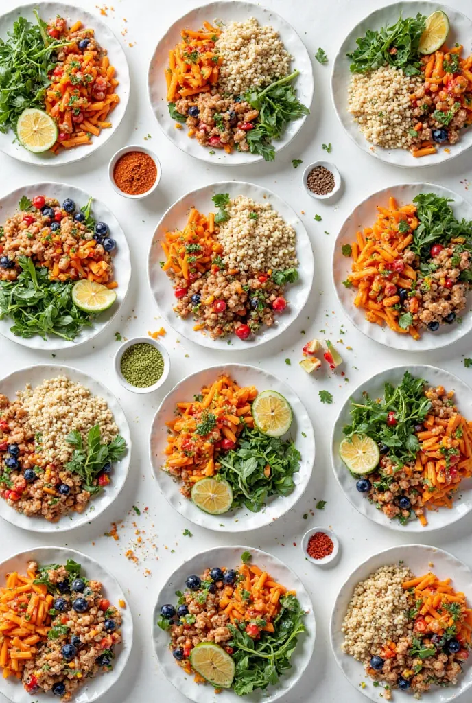 Create 12 images of healthy meals together in a 15x18 space
