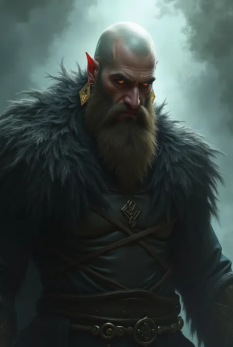 Everything is fine, the character of a male demon on his head . With a bald beard and a gold earring in his ear, he looks like a Viking