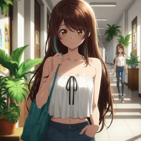 masterpiece, best quality, amazing quality,  long brown hair, hair with teal highlights, swept bangs, brown eyes, strapless white top with black bow detail, jeans, sneakers, jeans, thin, hallway, potted tropical plants, doorways, posters, shadows, small br...