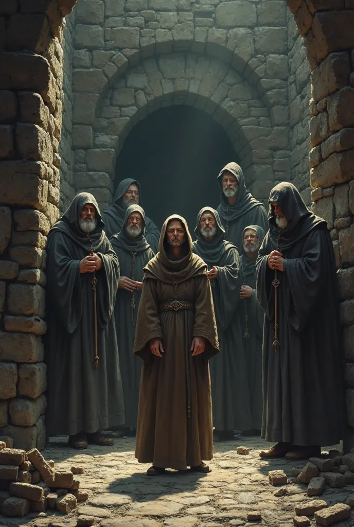 A medieval monk in a dimly lit stone dungeon, surrounded by tall, grim-faced priests. He looks distressed as they point to a wall where bricks are being stacked, ready to seal him inside.