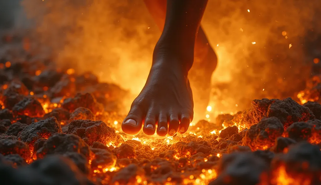 "The scene is captured from the front, with the camera focused on the bare foot of a heavenly figure, advancing slowly on incandescent embers and fluid lava. the feet, dark-skinned and soft, are in full motion, to the golden light that emanates of him cont...